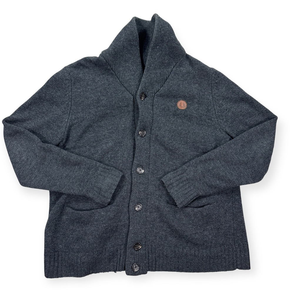 Fred Perry Sweater Men's XL Gray Cardigan Lambswool Shawl Collar Knitted Classic